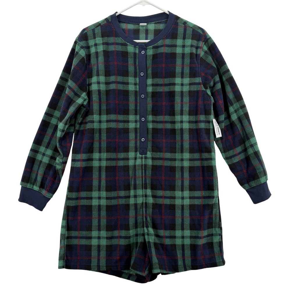 Old Navy Pajama Romper‎ Womens Medium Green Navy Plaid Fleece Henley Long Sleeve